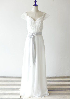 Cap Sleeves Ivory Lace Chiffon Slit Open Back Long Wedding Dress